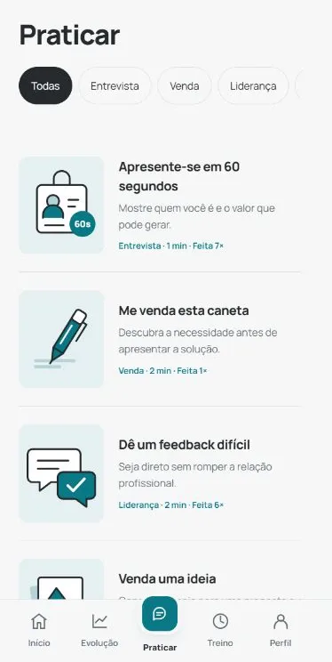 Tela real de práticas da Jumpeer com sete situações de comunicação. Versão para celular.